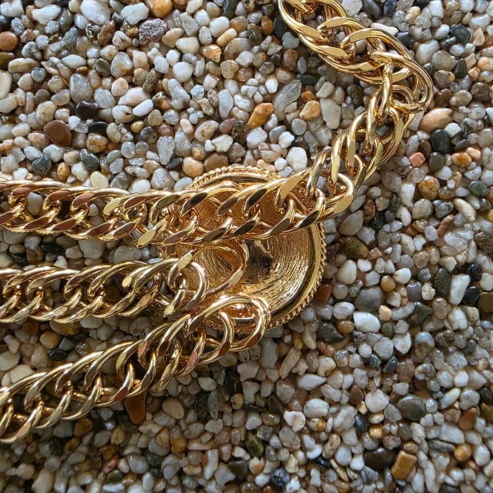 Vintage St John Gold Tone Medallion Multi Strand Curb Chain Belt SJ Logo